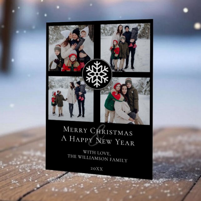 Snowflake Emblem Photo Collage | Black Holiday Card (Black Snowflake Emblem Photo Collage Holiday Photo Card)