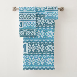 Snowflake Faux Knit Sweater Monogram Blue Bath Towel Set