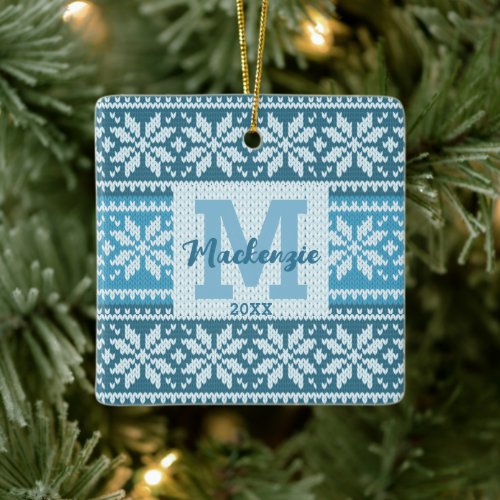 Snowflake Faux Knit Sweater Monogram Name Ceramic Ornament