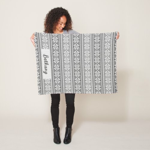 Snowflake Faux Knit Sweater Pattern Gray Name Fleece Blanket
