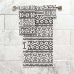 Snowflake Faux Knit Sweater Pattern Monogram Gray Bath Towel Set