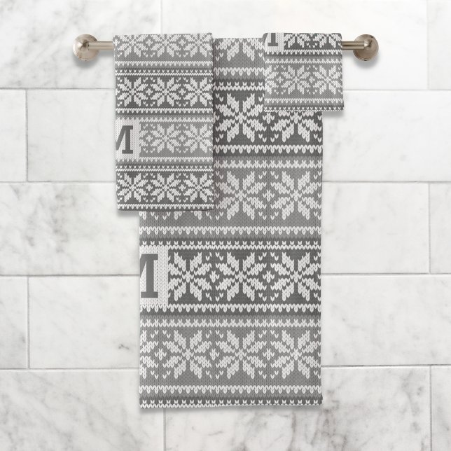 Snowflake Faux Knit Sweater Pattern Monogram Gray Bath Towel Set (Creator Uploaded)
