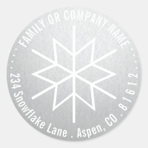 Snowflake Faux Silver Foil Return Address Labels - Add the perfect holiday card finishing touch with these elegant white and faux silver foil glossy return address labels / envelope seals.  All text can easily be customized for either personal or corporate use. Customize family or business name and address. Design features a chic stylish geometric snowflake with simple modern typography in a circle. Business clients, family, and friends will love the the sophisticated luxury of this personalized finishing touch to holiday greeting cards or invitations, gift baskets, or winter wedding thank you notes.  Happy Holidays!