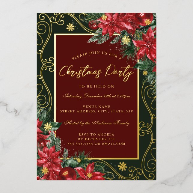 Snowflake Festive Floral Frame Christmas Party Foil Invitation (Front)