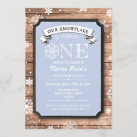 Snowflake First Birthday Blue Wood Winter Invite