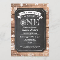 Snowflake First Birthday Chalk Wood Winter Invite