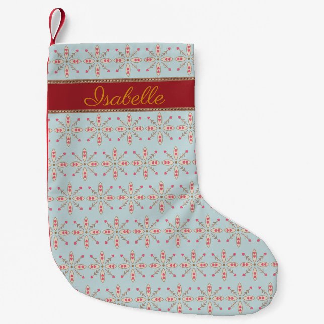 Snowflake floral hearts custom name baby blue red small christmas stocking (Front)