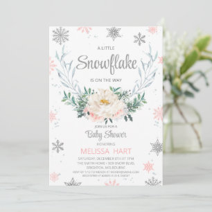 Snowflake Floral Wreath Winter Girls Baby Shower Invitation