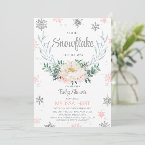 Snowflake Floral Wreath Winter Girls Baby Shower   Invitation
