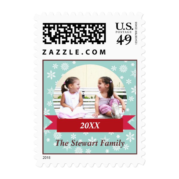 Snowflake Flurry Red Banner Custom Photo Holiday Postage