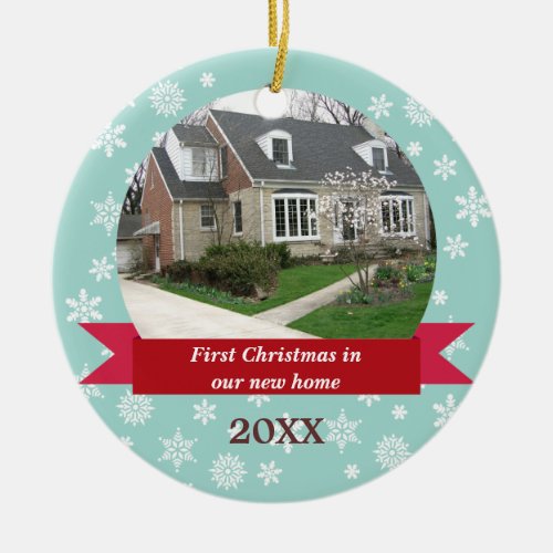 Snowflake flurry red banner teal custom photo ceramic ornament