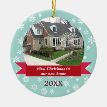 Snowflake Flurry Red Banner Teal Custom Photo Ceramic Ornament by FidesDesign at Zazzle