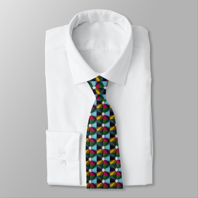 Snowflake Fractal Pattern Green Gold Turquoise Neck Tie (Tied)