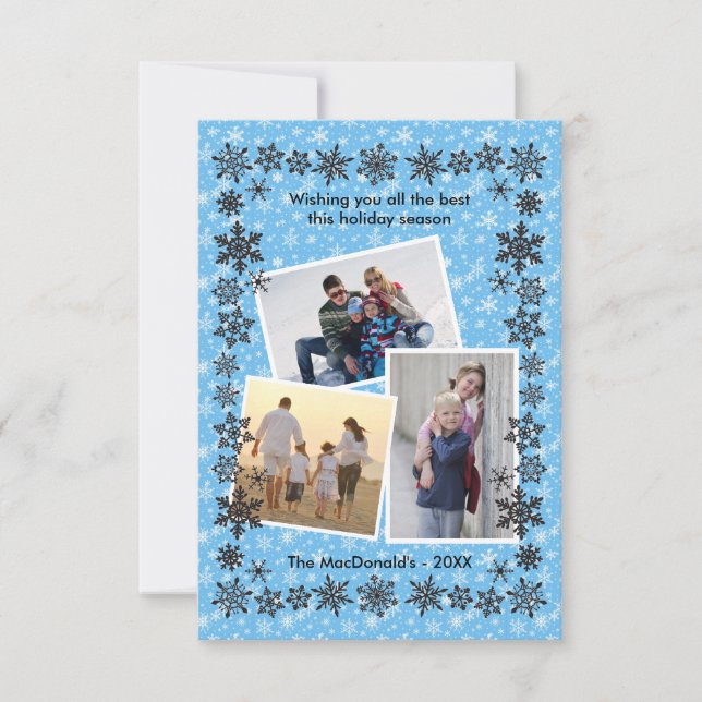 Snowflake Frame Blue 3 Photos - 3x5 Christmas Card (Front)