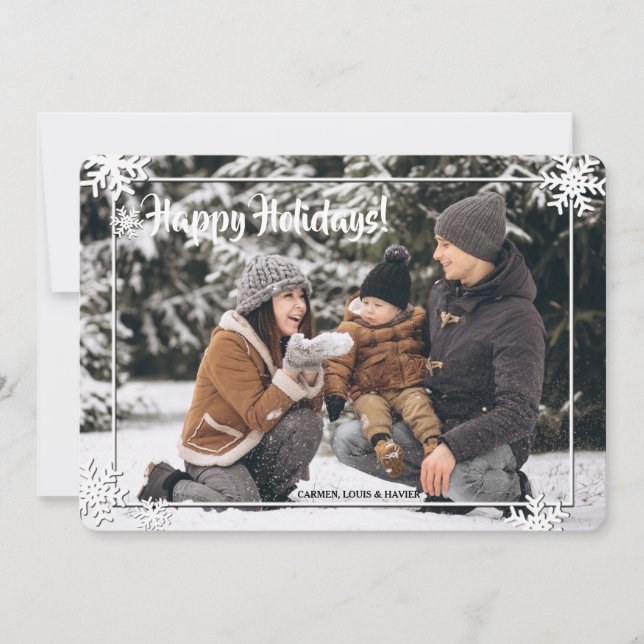 Snowflake Frame in White Photo Holiday Card (Front)