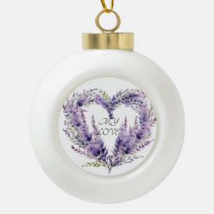 Snowflake Framed Ornament. Lavender Heart Ceramic Ball Christmas Ornament