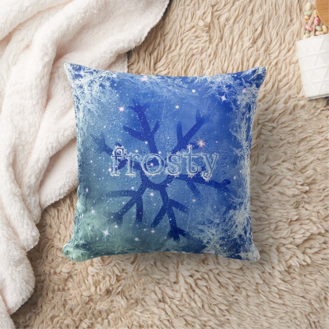 Snowflake Frosty Frozen Watercolor Blue Throw Pillow (Blanket)