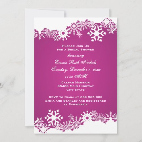 Snowflake fuchsia winter wedding bridal shower invitation