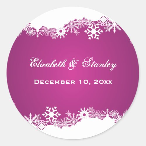 Snowflake fuchsia winter wedding Save the Date Classic Round Sticker