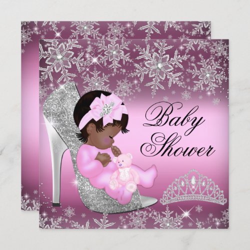 Snowflake Glitter Shoe Pink Baby Shower Invite