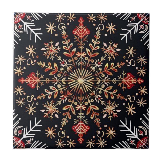 Snowflake Gold and Red Ceramic Tile (Front)