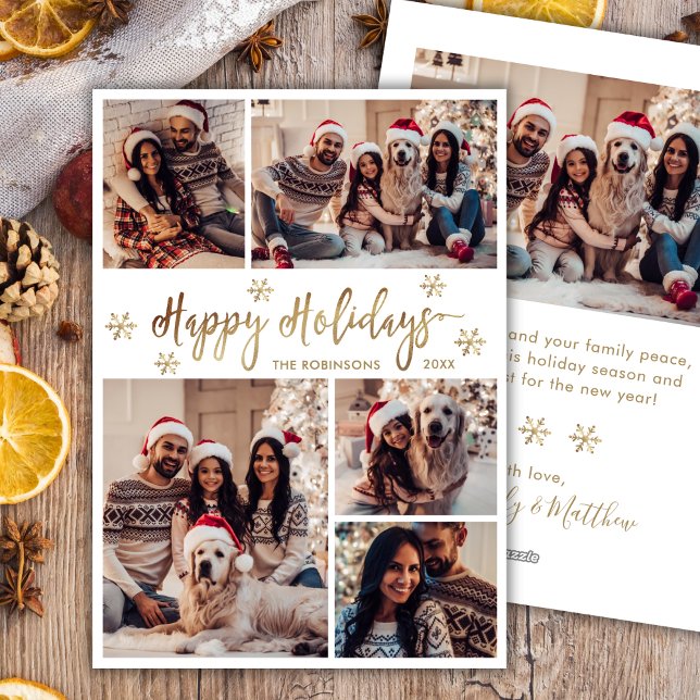 Snowflake Gold and White 5 Photo Collage Christmas Holiday Card (Creator Uploaded)