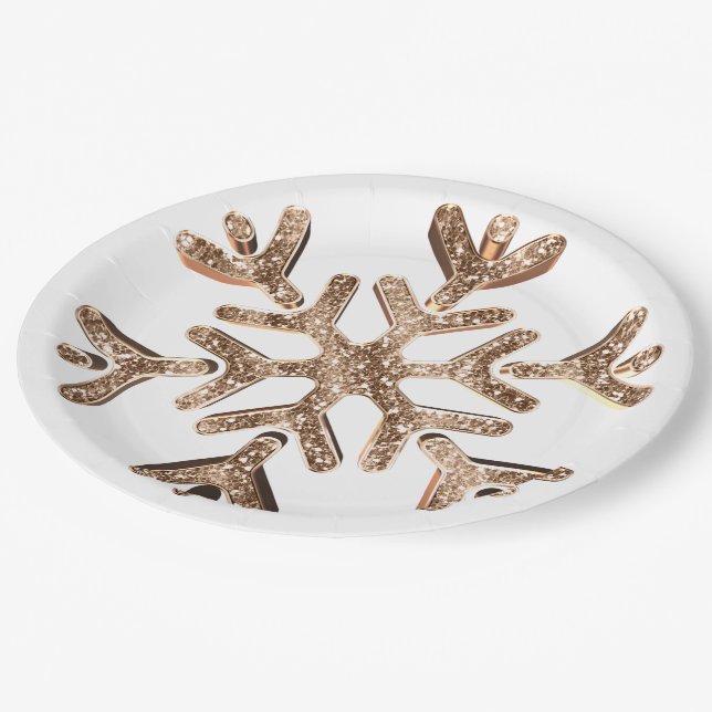 Snowflake Gold and White Festive Faux Glitter Paper Plates (Angled)