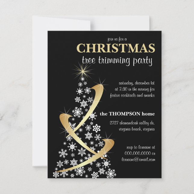 Snowflake & Gold Ribbon Christmas Tree Invite (Front)