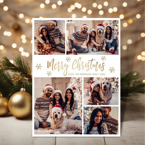 Snowflake Gold White 5 Photo Collage Christmas  Holiday Card
