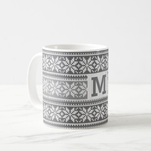 Snowflake Gray Nordic Faux Knit Sweater Monogram Coffee Mug