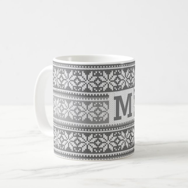 Snowflake Gray Nordic Faux Knit Sweater Monogram Coffee Mug (Front Left)