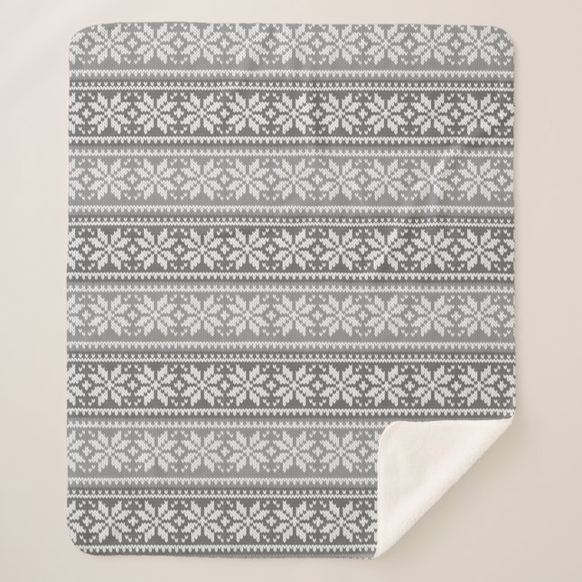 Snowflake Gray White Faux Knit Sweater Pattern Sherpa Blanket (Front)