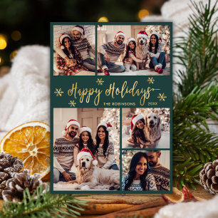 Snowflake Green and Gold 5 Photo Collage Christmas Holiday Card