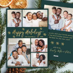 Snowflake Green and Gold 5 Photo Collage Christmas Holiday Card