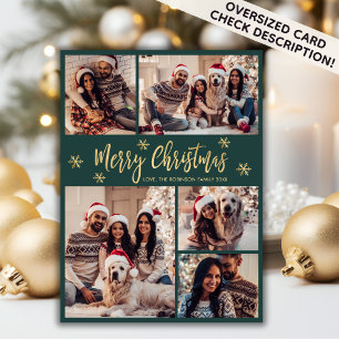 Snowflake Green and Gold 5 Photo Collage Christmas Holiday Card