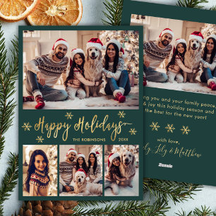 Snowflake Green and Gold 5 Photo Collage Happy  Holiday Card