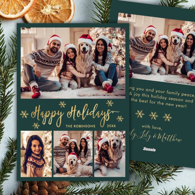 Snowflake Green and Gold 5 Photo Collage Happy  Holiday Card (Creator Uploaded)