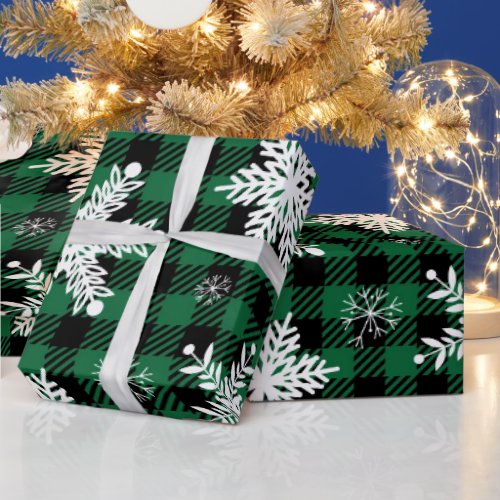 Snowflake Green Black Plaid Wrapping Paper