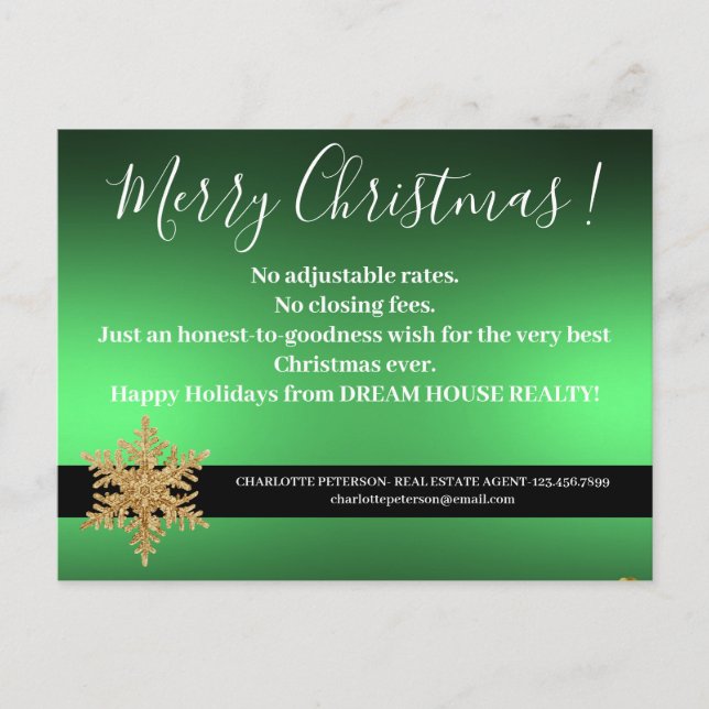 Snowflake Green Christmas Real Estate Farming Holiday Postcard (Front)