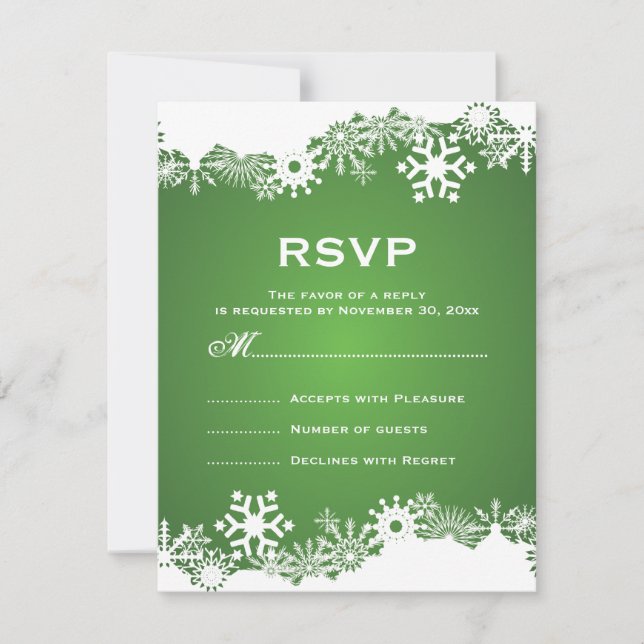 Snowflake green white winter wedding RSVP (Front)