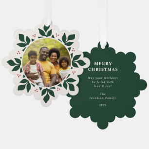 Snowflake Greenery Frame Holiday Photo Ornament Card