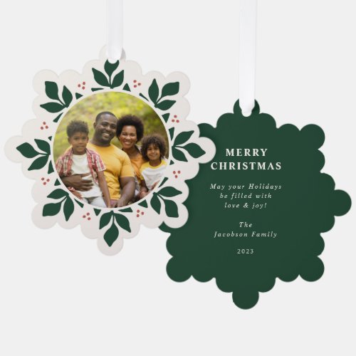 Snowflake Greenery Frame Holiday Photo Ornament Card