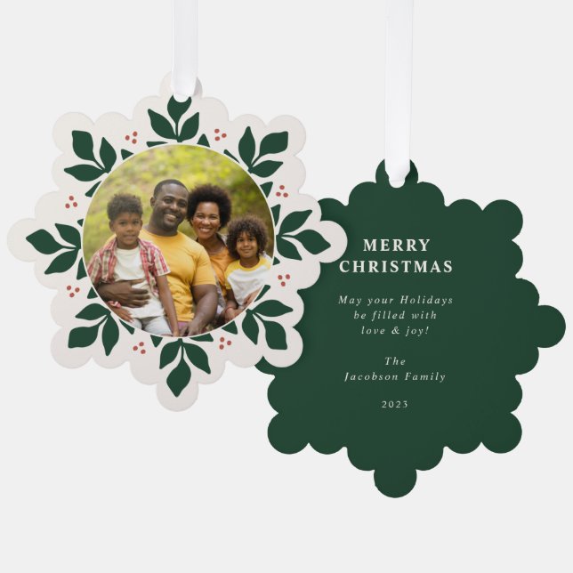 Snowflake Greenery Frame Holiday Photo Ornament Card (Front/Back)