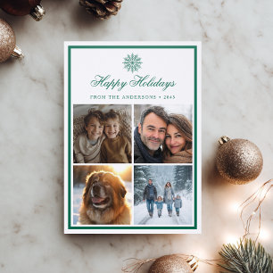 Snowflake Happy Holidays Grid Green Christmas Letterpress Photo Cards