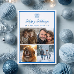 Snowflake Happy Holidays Photo Grid Blue Christmas Letterpress Photo Cards