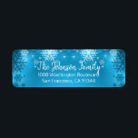 SNOWFLAKE Holiday Christmas Blue Return Address Label<br><div class="desc">Elegant and classy return labels for Christmas (Xmas) Holiday greeting cards.  Snowflakes in white turquoise blue with glitter banner.  Modern letters for family name and address. Letter color and font can be changed. Background color is white but can be changed to any color.</div>