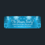 SNOWFLAKE Holiday Christmas Blue Return Address Label<br><div class="desc">Elegant and classy return labels for Christmas (Xmas) Holiday greeting cards.  Snowflakes in white turquoise blue with glitter banner.  Modern letters for family name and address. Letter color and font can be changed. Background color is white but can be changed to any color.</div>
