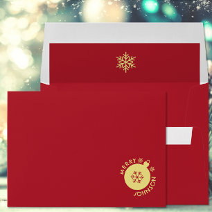 Snowflake Holiday Custom Text Red Gold Envelope