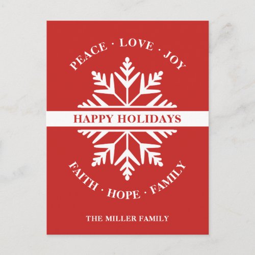 Snowflake Holiday Peace Love Joy Faith Hope Postcard