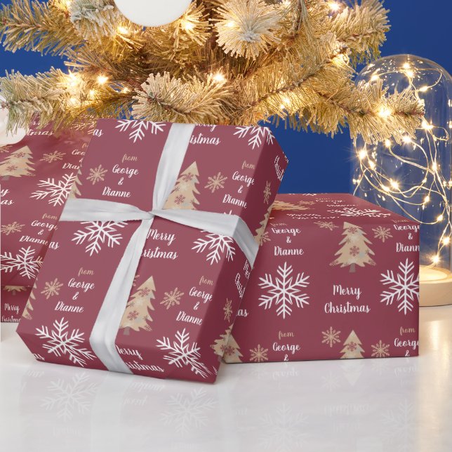 Snowflake Holiday Tree Pattern on Maroon Wrapping Paper (Holidays)